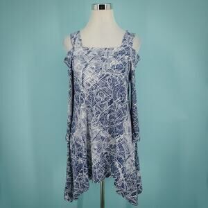 Clara Sun Woo Size Small S Blue Denim Jean Cold Shoulder Long Sleeve Tunic Top